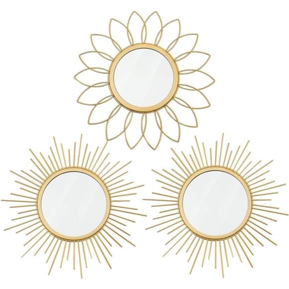 3 Pack Gold Mirrors for Wall Metal Sunburst Wall Mirrors Home Décor Decorative - Picture 1 of 6